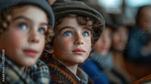 A Jewish family attending a bar mitzvah ceremony at the synagogue, with the young boy reading from the Torah and family members watching proudly