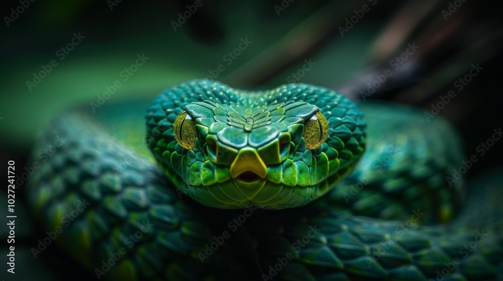 A green snake with yellow eyes is staring at the camera A green snake with yellow eyes is staring at the camera