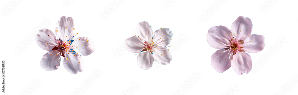 Obraz premium Three pink flowers with yellow centers are arranged in a row on a blue background.