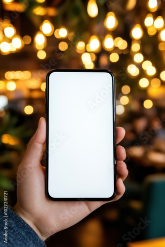 Blank smart phone screen held in hand with blurry background lights