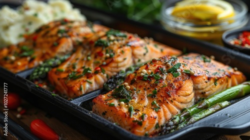 A keto-friendly meal prep scene with containers of grilled salmon, asparagus, and mashed cauliflower, ready for the week