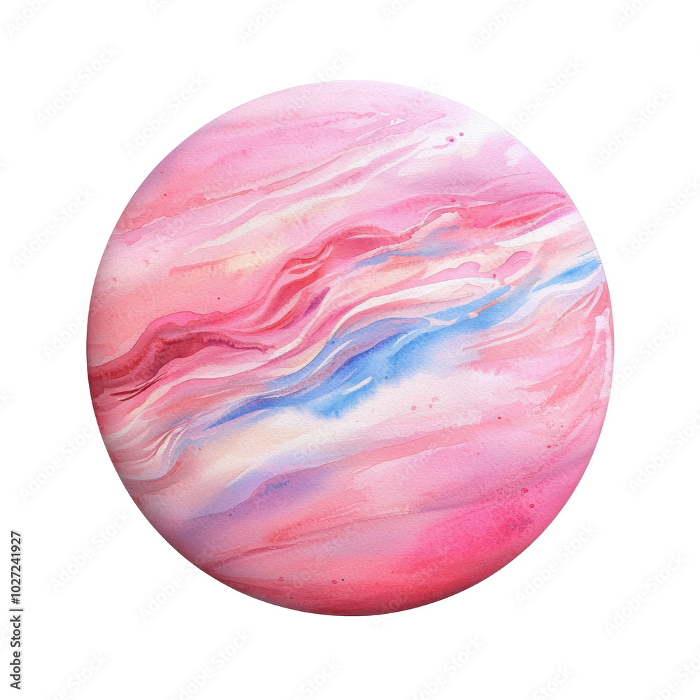 A round painting of a planet with pink and blue swirls A round painting of a planet with pink and blue swirls