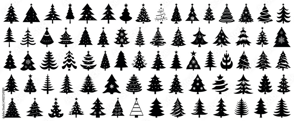 Various Christmas tree silhouettes. Spruce trees silhouette for laser cutting and engraving. Pine Trees vector trees set. Tree icons set in a modern flat style. Vector silhouette graphic trees element