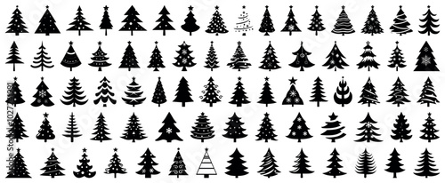 Various Christmas tree silhouettes. Spruce trees silhouette for laser cutting and engraving. Pine Trees vector trees set. Tree icons set in a modern flat style. Vector silhouette graphic trees element