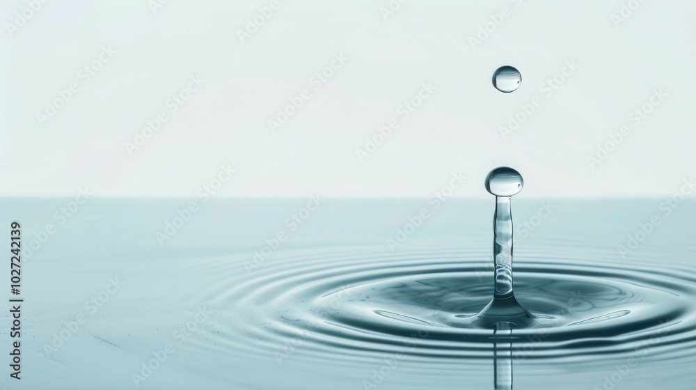 Water drop impact. A single water drop creates ripples as it falls into a still body of water. Minimalist design, abstract art, and tranquility. Water drop impact. A single water drop creates ripples as it falls into a still body of water. Minimalist design, abstract art, and tranquility.