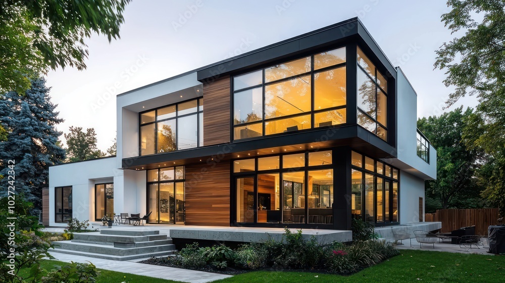 Elegant modern house with large windows, wood detailing, and a chic black and white exterior, showcasing contemporary urban living Elegant modern house with large windows, wood detailing, and a chic black and white exterior, showcasing contemporary urban living