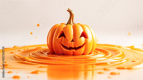 Grinning Halloween Pumpkin Surrounded by Orange Sorce photo