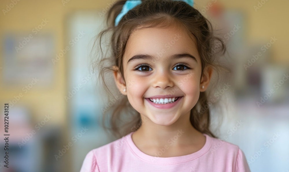 A cheerful young girl with curly hair smiles brightly while wearing a pink shirt and a blue headband. She is in a well-lit indoor setting, radiating joy and happiness. A cheerful young girl with curly hair smiles brightly while wearing a pink shirt and a blue headband. She is in a well-lit indoor setting, radiating joy and happiness.