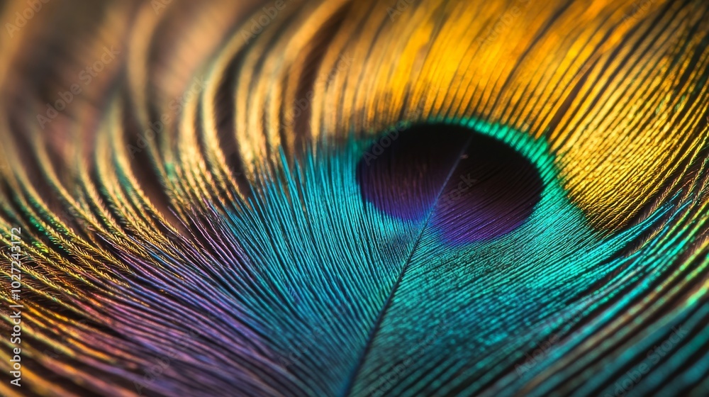 Naklejka premium A close-up view of a peacock feather showcasing vivid iridescent colors and intricate patterns, emphasizing nature's artistry.