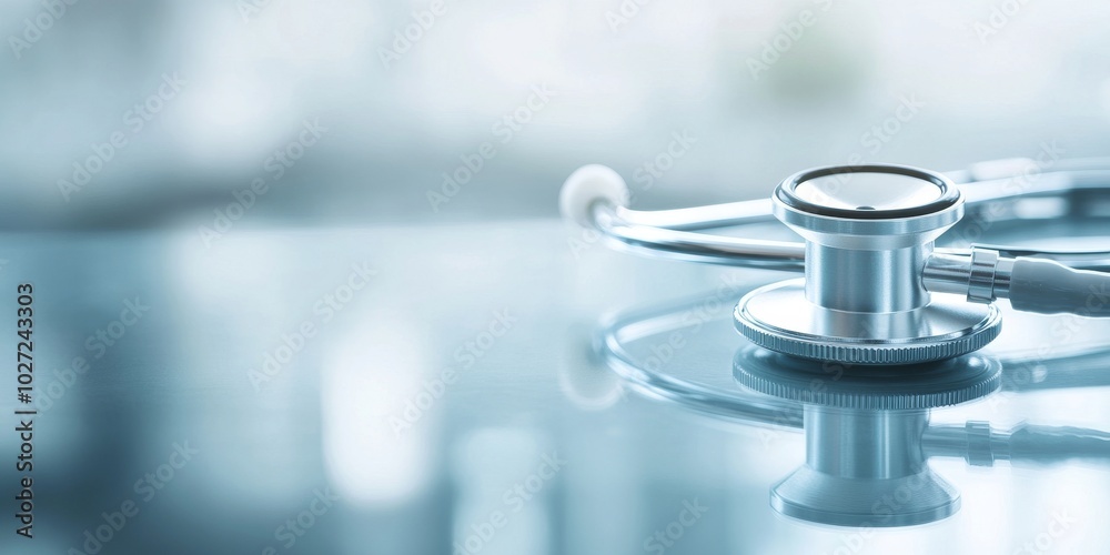 A stethoscope lies on a glossy surface, reflecting its shape and surroundings in a softly lit medical setting, evoking a sense of calm and professionalism. A stethoscope lies on a glossy surface, reflecting its shape and surroundings in a softly lit medical setting, evoking a sense of calm and professionalism.