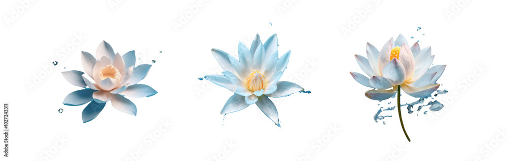 Three white lotus flowers float in a blue liquid with droplets and bubbles surrounding them. Three white lotus flowers float in a blue liquid with droplets and bubbles surrounding them.