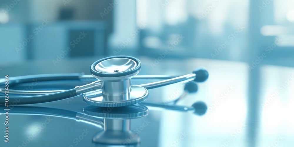 A stethoscope lies on a glossy surface, reflecting its shape and surroundings in a softly lit medical setting, evoking a sense of calm and professionalism. A stethoscope lies on a glossy surface, reflecting its shape and surroundings in a softly lit medical setting, evoking a sense of calm and professionalism.