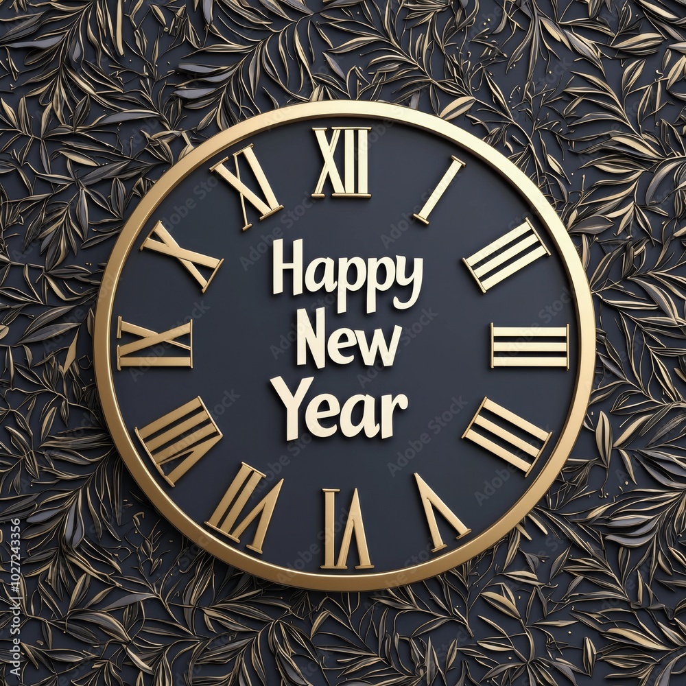 Clock displaying 'Happy New Year' with gold accents on leaf-patterned background. Clock displaying 'Happy New Year' with gold accents on leaf-patterned background.
