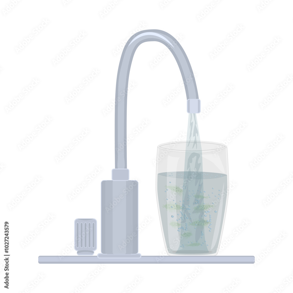 Tap with dirty water on white background. Dirty water flowing of faucet to mug. Muddy water with sludge, bacteria, microbes in glass. Problem of pollution water. Pollution and infection concept.Vector Tap with dirty water on white background. Dirty water flowing of faucet to mug. Muddy water with sludge, bacteria, microbes in glass. Problem of pollution water. Pollution and infection concept.Vector