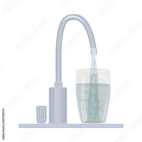 Tap with dirty water on white background. Dirty water flowing of faucet to mug. Muddy water with sludge, bacteria, microbes in glass. Problem of pollution water. Pollution and infection concept.Vector