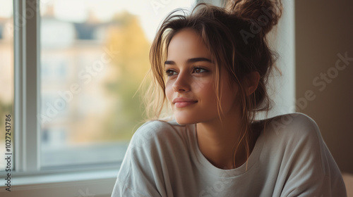 young woman with relaxed expression gazes out of window, bathed in soft natural light, creating serene and contemplative mood. Free Download young woman with relaxed expression gazes out of window, bathed in soft natural light, creating serene and contemplative mood. - GFXLoad