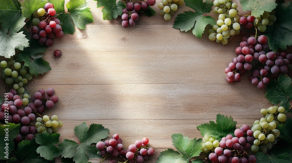 Red and Green Grapes with Leaves on a Wooden Surface Red and Green Grapes with Leaves on a Wooden Surface