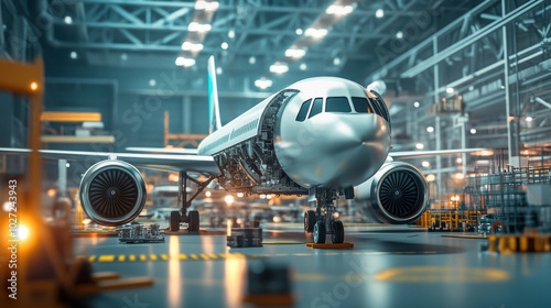 A silver airplane is sitting on the runway in a hangar