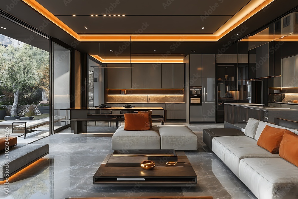 Modern kitchen and living area with stylish design. Modern kitchen and living area with stylish design.