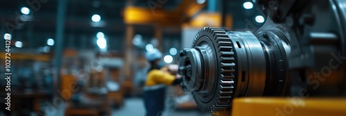 This image captures a close-up view of a metal gear in a workshop setting, showcasing the intricate details of mechanical engineering against a blurred background.