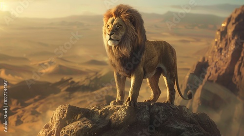 Lion king sunset. Majestic lion standing on a rock, overlooking a vast desert landscape. The golden light of the setting sun casts a warm glow on the scene, symbolizing power and leadership.