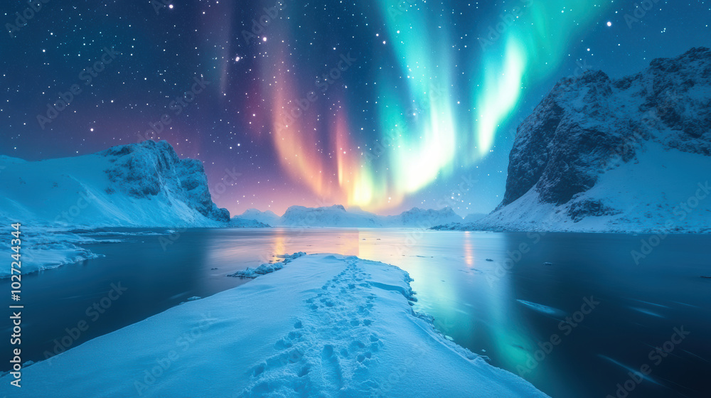 Vibrant aurora borealis lighting up the sky above a frozen landscape, stunning northern lights reflecting on icy lake, arctic wilderness, night sky scenery, colorful nature Vibrant aurora borealis lighting up the sky above a frozen landscape, stunning northern lights reflecting on icy lake, arctic wilderness, night sky scenery, colorful nature