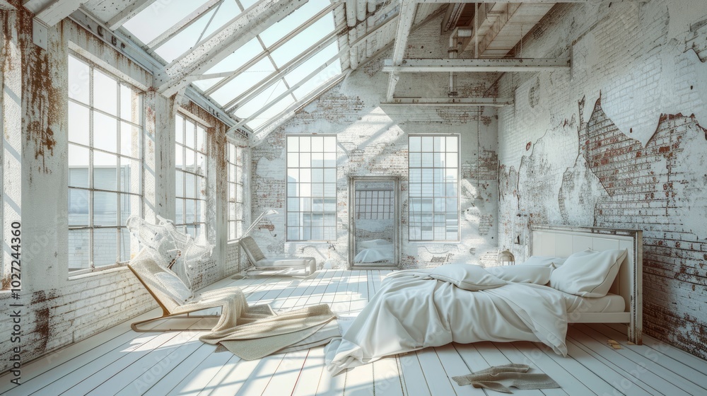 a bedroom in a loft style with large windows a bedroom in a loft style with large windows