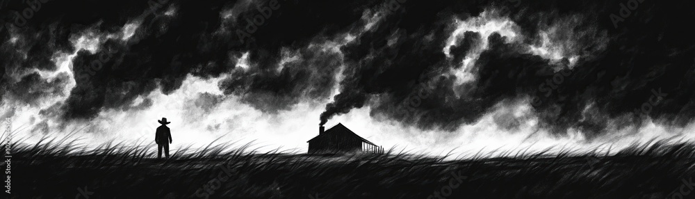 A solitary figure stands in a dramatic landscape, contrasting dark clouds and a small, smoky cabin, evoking a sense of mystery and solitude. A solitary figure stands in a dramatic landscape, contrasting dark clouds and a small, smoky cabin, evoking a sense of mystery and solitude.