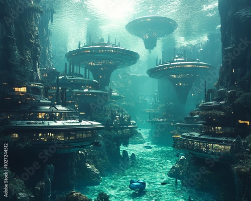 Futuristic underwater city with buildings and a glowing light. photo