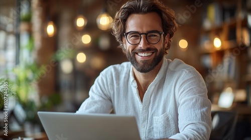 Smiling man with glasses working from home at a laptop, relaxed in a modern office, freelance career, productive work environment, natural lighting, casual professional