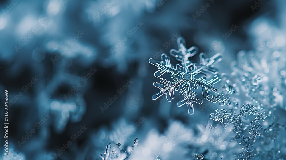 Crystal snowflake macro. Close-up shot of a delicate snowflake, showcasing its intricate design and the beauty of nature's frozen art. Crystal snowflake macro. Close-up shot of a delicate snowflake, showcasing its intricate design and the beauty of nature's frozen art.