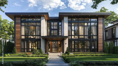 Elegant urban home with contemporary design, large windows, wood accents, and a neutral black and white facade