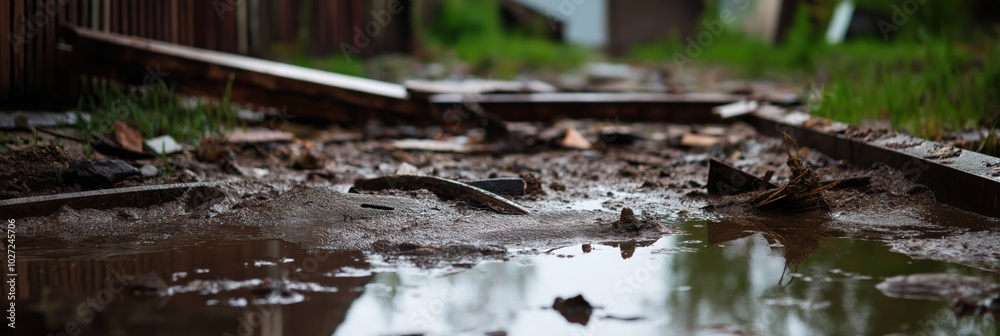 Obraz premium A muddy road with scattered debris after heavy rainfall creates a challenging environment, highlighting the raw impact of nature on infrastructure and pathways.