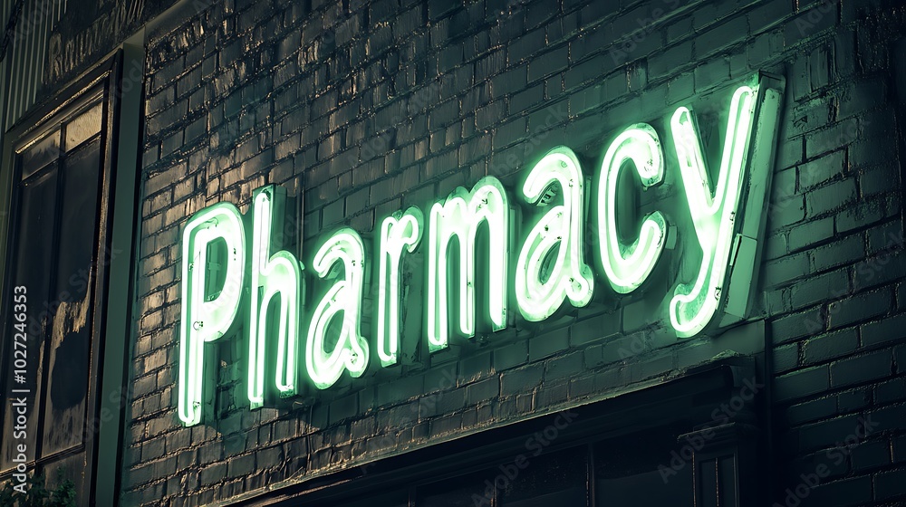 Glowing Neon Pharmacy Sign in Green and White Glowing Neon Pharmacy Sign in Green and White