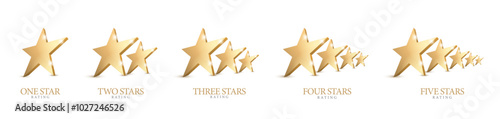 Set of Star Rating Symbols. 3D Golden Signs. Star Rating Emblems. Five Stars. Vector Illustration photo