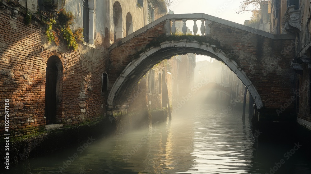 Fototapeta premium Foggy Morning View Under an Old Stone Bridge in Venice