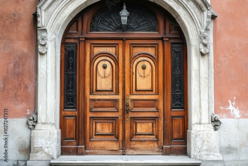 The wooden doors are old and have a rustic appearance, generative ai image