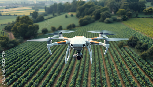 With its lush green farmland and advanced technology, modern drones suggest the intersection of agriculture and digital innovation. An aerial robot with whirring motion captures the essence of the photo