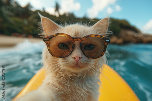 animal by ai // cat wearing sunglasses and taking selfie on yellow surfboard on tropical beach, bokeh background, photorealistic photo