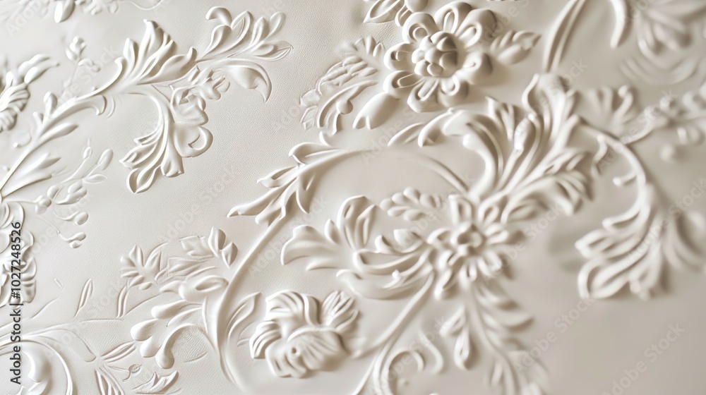 White floral design. Elegant white floral pattern, textured, embossed. Ideal for wallpaper, interior design, or decorative projects.