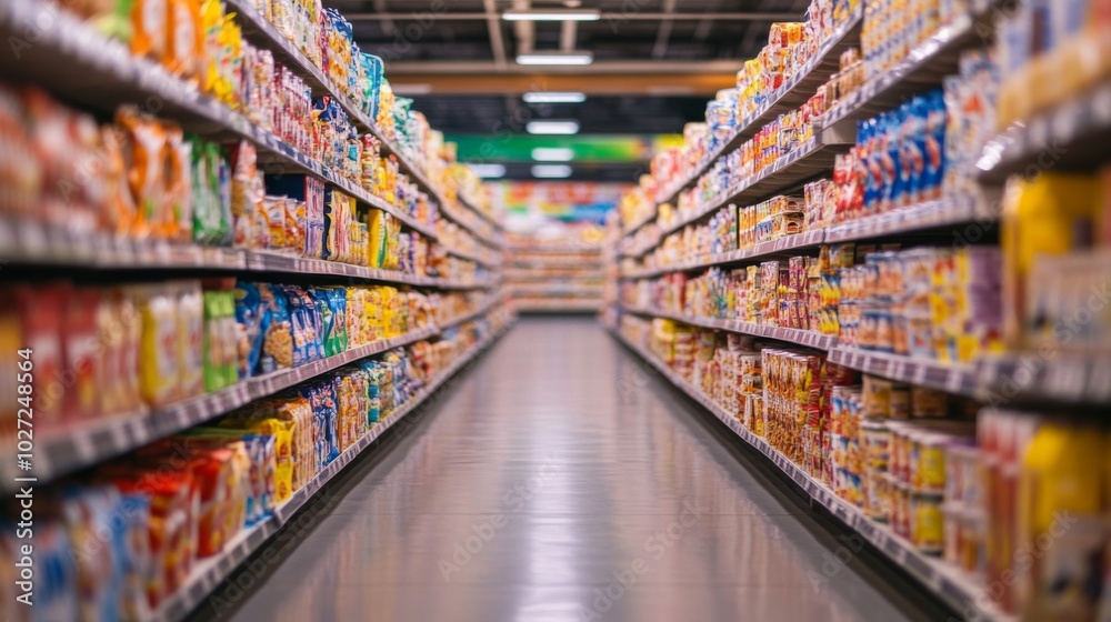 Aisle of a supermarket with shelves stocked with grocery items. Aisle of a supermarket with shelves stocked with grocery items.