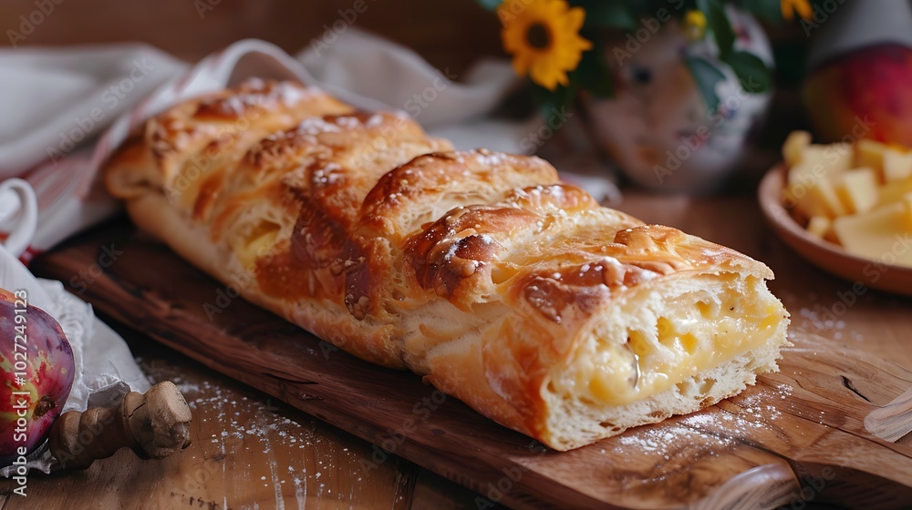 homemade cheese bread in portuguese stuffed with guava dessert on a rustic wooden dish on background homemade cheese bread in portuguese stuffed with guava dessert on a rustic wooden dish on background
