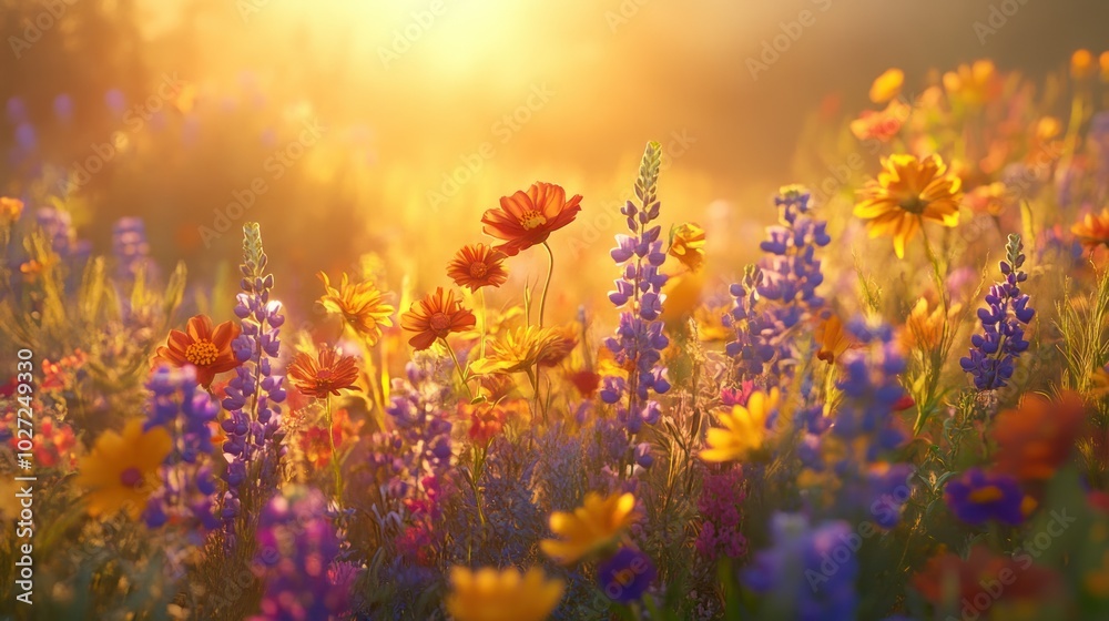 A Field of Vibrant Wildflowers Bathed in Golden Sunlight