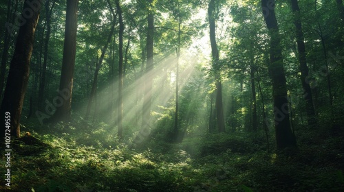 A lush forest landscape with sunlight filtering through the trees, symbolizing the beauty of untouched nature