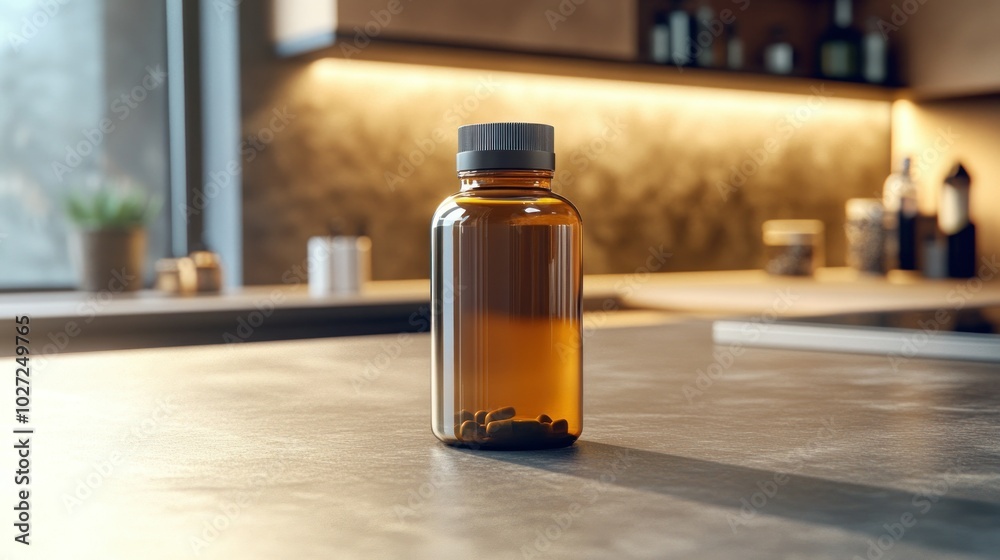 Glass Bottle with Pills on a Kitchen Countertop Glass Bottle with Pills on a Kitchen Countertop