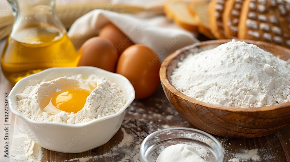 Ingredients for making bread on the table egg milk flour oil sugar Ingredients for making bread on the table egg milk flour oil sugar