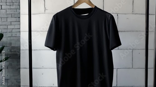 A minimal black t-shirt displayed on a hanger amidst lush green plants and a brick backdrop, creating a modern and stylish ambiance generative ai