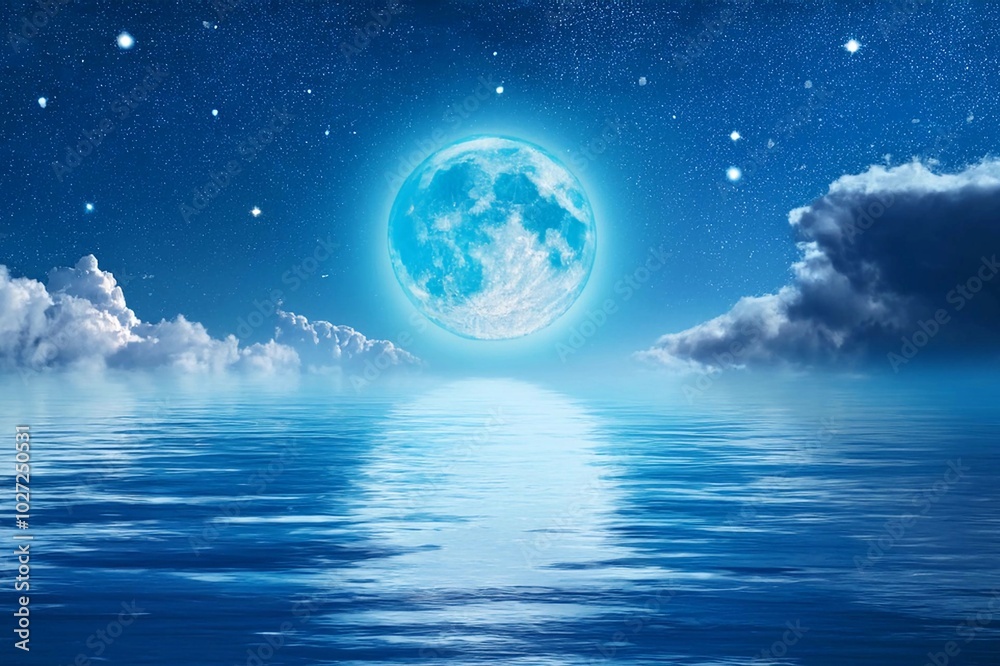 Night sky with super blue moon in the clouds over the calm blue sea Night sky with super blue moon in the clouds over the calm blue sea