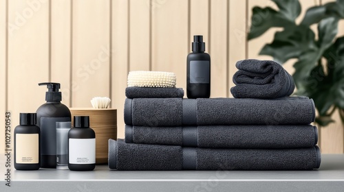 Arrangement of black toiletries and folded towels with a wooden background and plant decor.