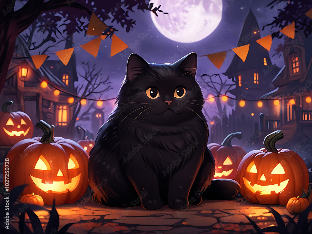 Black Cat Halloween Night: A black cat with big, curious eyes sits amongst glowing jack-o-lanterns on a spooky Halloween night, with a full moon in the background. Black Cat Halloween Night: A black cat with big, curious eyes sits amongst glowing jack-o-lanterns on a spooky Halloween night, with a full moon in the background.